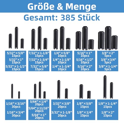385PCS SAE Roll Pin Set (26 Sizes) 385 pieces SAE Roll Pins