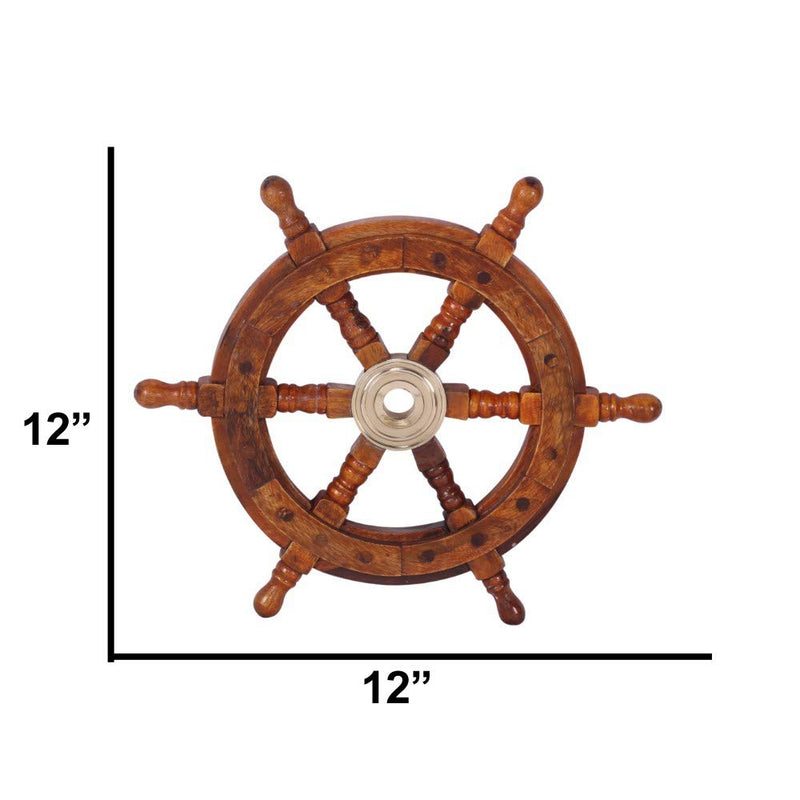 TUP THE URBAN PORT 12" Teak Wood Ship Wheel with Brass Inset and Six Spokes, Brown and Gold 12" Inch