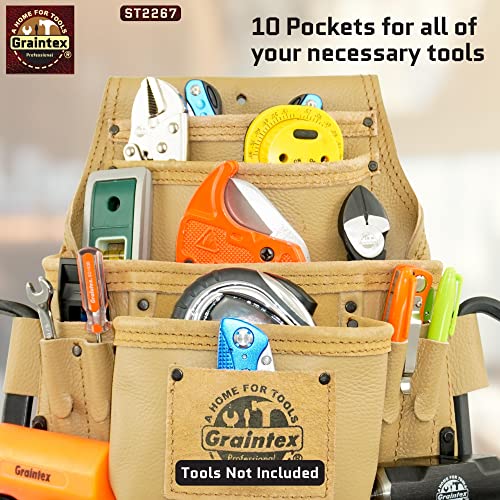 Graintex ST2267 10 Pocket Nail & Tool Pouch Rugged Beige Color Top Grain Leather for Framers, Constructors, Electricians, Plumbers, Hnadyman