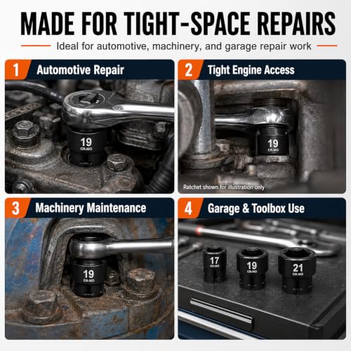 Nano Socket Set 19-Piece Low Profile Sockets 6–24mm for Tight Spaces Repair