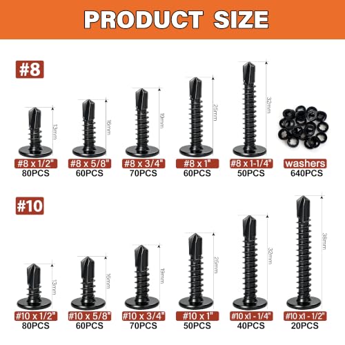 1280pcs #8#10 Self Tapping Screws for Metal, 410 Stainless Steel Truss Head Self Drilling Screws, 11 Sizes 1/2" - 1-1/2" Sheet Metal Screws Assortment Kit with Washers Black