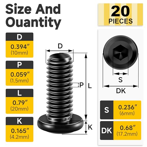 Mywish M10 x 20mm 20Pcs Flat Head Hex Socket Cap Screws Bolts & 200pcs #14×1" Self Drilling Screws for Metal, Self Tapping Screws, Hex Washer Head Self Drilling Screws, Furniture Bolts Full Thread