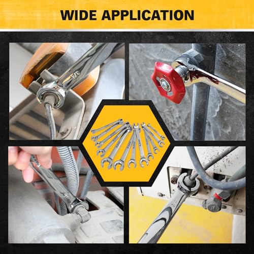 ELEAD 14-Piece Flare Nut Wrench Set with PTFE Tape, Metric & SAE 1/4"-7/8"& 6-21mm, Brake Line Wrench Set Double Open End with Organizer Pouch for Repairing and Removing Nuts Silver