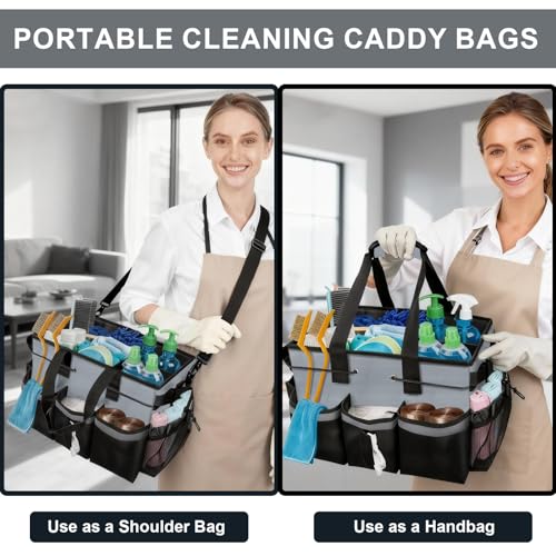 ALSLEA Large Cleaning Caddy Bag 15" x 10½" x 9" Heavy-Duty Organizer Tote for Home, Housekeepers, Janitors Cleaning Caddy for Cleaning Supplies with Shoulder Strap & Multiple Pockets (Gray) Gray