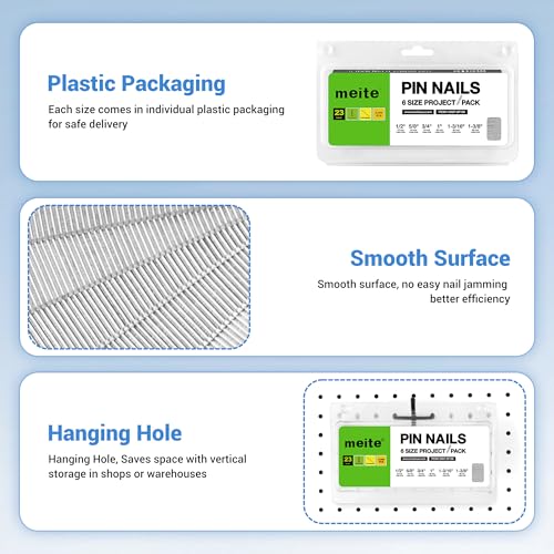 meite 1-3/16" Galvanized 23 Gauge Pin Nails - 2000 Counts and Assorted 6 Sizes (1/2", 5/8", 3/4", 1", 1-3/16", 1-3/8") Galvanized Pin Nails - 6000 Counts