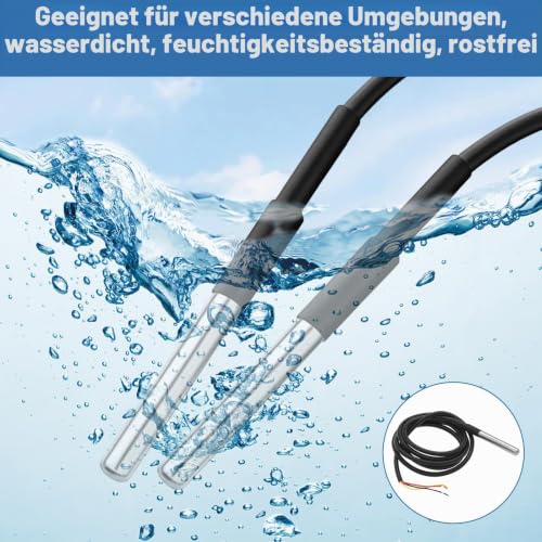 Menibeuty Pack of 5 DS18B20 Temperature Sensors, 2 m Cable Waterproof Stainless Steel Probe Temperature Sensor Temperature Cable, Compatible with Arduino RB Pi Shell Addon Including E-Book (-55°C to 5 pieces 2 m