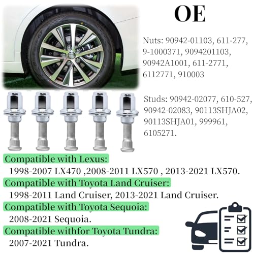 5-Piece Set M14-1.50 Wheel Lug Nuts Wheel Hub Stud for Toyota Tundra 2007-2021 Sequoia 2008-2021 Land Cruiser Lexus LX470 LX570 Front/Rear Wheel Replacement Parts: Nut 90942-01103, Stud 90942-02077 Nuts+Stud