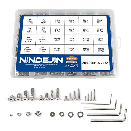 NINDEJIN M2 M3 M4 M5 Stainless Steel Hex Socket Head Cap Screw Bolts, Nuts Set and Washers Assortment Kit + Wrenches (Socket Head + Flat Head)