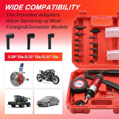 Handheld Vacuum Pump Brake Bleeder Kit, Multi-Functional Vacuum & Pressure Tester Set with Gauge, Hoses, Adapters and Fluid Reservoirs, for Automotive Brake, Clutch and Fluid Extraction ((23PC-Red)) (23PC-Red)