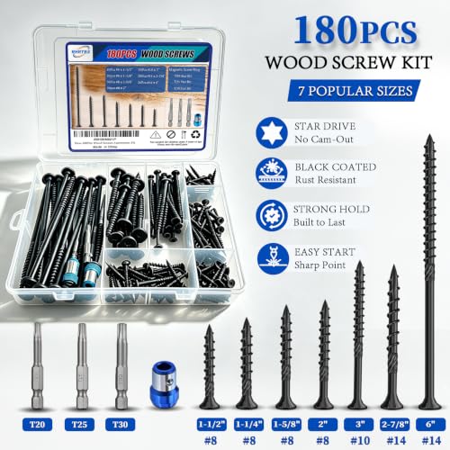 180 Piece Wood Screw Assortment Kit, Star Drive Deck Screws with Exterior Epoxy Coating, Rust Resistant Outdoor Wood Screws, Includes 7 Popular Sizes from #8, #10, #14 and 3 Star Drive Bits.