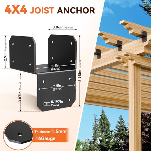 4Pcs 4x4 Joist Anchor Connector - Heavy Duty Steel Post Cap Tie Brakcet, 16 Gauge Carbon Steel 4x4 Post Connector Brackets, Post to Beam Connector Fits 2x4 Lumber(Actual Size 3.5"x3.5") 4 pcs