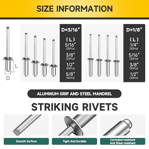 Mywish 155Pcs #8 Black Self Tapping Screws & 210Pcs Aluminum Steel Blind Pro Rivets Assortment Kit, 8 Sizes 3/16" 1/8" Aluminum Grip and Steel Mandrel Pop Rivets, Self Drilling Screws Assortment Kit
