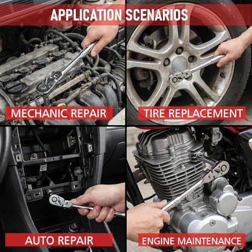 3-Piece Flex Head Ratchet Set，1/4 3/8 1/2 Inch Drive Swivel Head Ratchet Wrench，72-Tooth with Quick-Release Reversible Design, Chromium-Vanadium Steel Made, Fully Polished Silver 3pcs Flex Head Ratchet