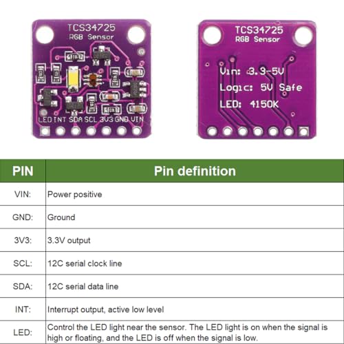 TCS34725 RGB Light Color Module TCS-34725 Color Sensor Color Recognition Board with IR Filter and White LED Detection Module High Sensitivity for Arduino - 2 Pieces 22.5W