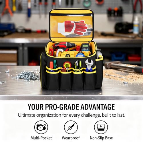 Heavy Duty Tool Bag Organizer, 10.6 x 10.2 x 13.4 in Multi-Pocket Wearproof Polyester Tool Tote with Removable Divider for Technicians, Electricians, Carpenters