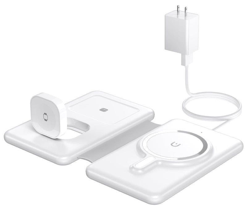 Magnetic Wireless Charger for iPhone: 3 in 1 Travel Charging Station for Apple Devices for iPhone 16 15 14 13 12 Pro Max Plus - Foldable Charging Pad for Apple Watch Series & Airpods 3 2 Pro White