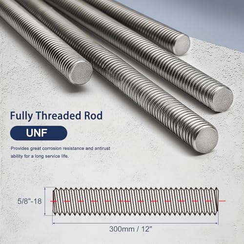5/8"-18 Fully All Threaded Rod & Studs, 12" Length, 304 Stainless Steel Right Hand Fine Thread Screw for Furniture Anchor Bolts, Clamps, Hangers and U-Bolts 2 Pack 5/8"-18 x 12"