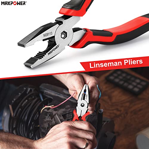 MAXPOWER 4-Piece Pliers Set, 8" Lineman, Cutters, Needle Nose & 10" Pump