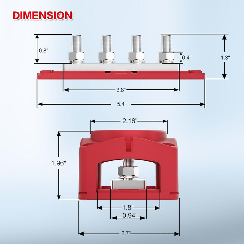 300A Bus Bar 12v Power Distribution Block 4 x 5/16"(M8) Terminal Block Heavy Duty Waterproof Buss Bar Junction Block Marine Battery Bus bar for Automotive Boat Solar System(Red) M8 Red