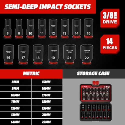 3/8 in. Drive Semi-Deep Impact Sockets Set, Mid-Length Socket Set, Metric, 8 to 22 mm, 14-Piece, CR-MO, Stamped and Ink Filled Size Marking 3/8" Drive 14pcs Mid-Length Socket Set