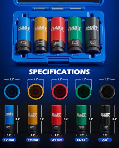 OMT 1/2" Drive Lug Nut Socket Set, Metric And SAE Wheel Socket Set, 5pc 17 19 21 mm & 13/16 7/8 inch Standard