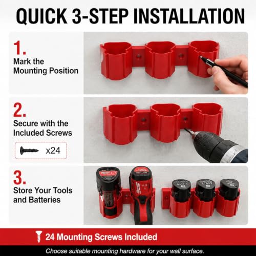 M12 Tool Holder and Battery Holder Wall Mount, Compatible with Milwaukee M12 12V Tools and Batteries, Plastic Drill Hangers and Storage Organizer for Garage, Workshop, Truck and Van, 24 Screws