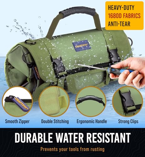 CRAFT911 Durable Tool Bag Organizers w/Detachable 6 Tool Pouches – Small Roll Up Bag | Compact & Lightweight Roll Up Tool Bag Organizer for Electrician, Mechanic, Hobbyist – Green