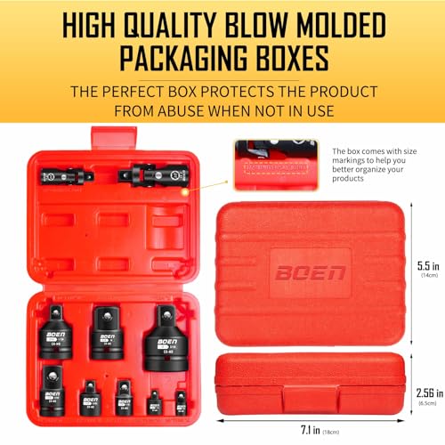 BOEN 10-Piece Impact Socket Adapter and Reducer Set, Standard SAE 1/4" 3/8" 1/2" 3/4", CR-MO Steel Driver & Wrench Conversion Kit Socket Reducer with 3/8" & 1/2" Universal Joint 10 Piece