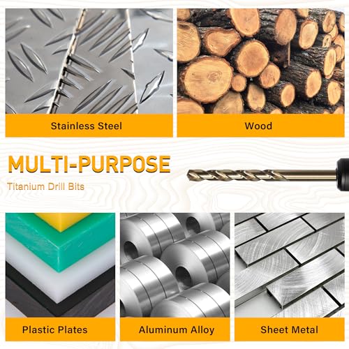230Pcs Titanium Coated Drill Bit Set, 135° Tip High Speed Steel, Twist Drill Bit Kit for Iron, Aluminum, Copper, Wood, Plastic, with Hard Storage, Size from 3/64" to 1/2" 230PCS