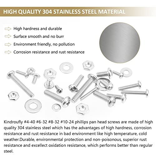 722 Pieces #4-40#6-32#8-32#10-24, Phillips Pan Head Machine Screws Nuts Assortment Kit, 304 Stainless Steel, Fully Machine Thread #4-40 #6-32 #8-32 #10-24