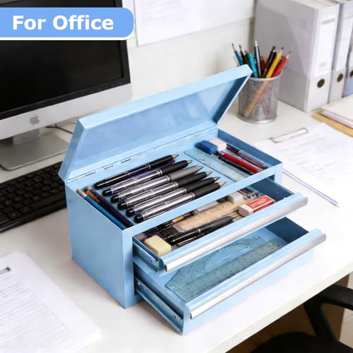 Mini Steel Tool Box with Drawers - Small Tool Chest for Small Item Storage Organizer - Portable Metal Toolbox Organizer with Tool Drawer (mini blue) mini blue