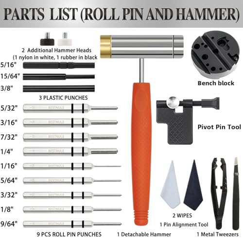 BESTNULE 20pc Enhanced Roll Pin Punch Set with Pivot Pin Tool & Bench Block With Bench Block and Pivot Pin Tool