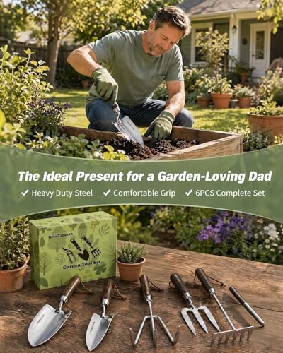 Garden Tool Set, 6PCS Heavy Duty Stainless Steel Gardening Hand Tools with Ropes, Includes Hand Cultivator Shovel Trowel Transplanter 2-in-1 Hoe Pruner, Ideal Gardening Gifts for Women Men (Classic) Classic 6-Piece Heavy Duty Garden Tool Set