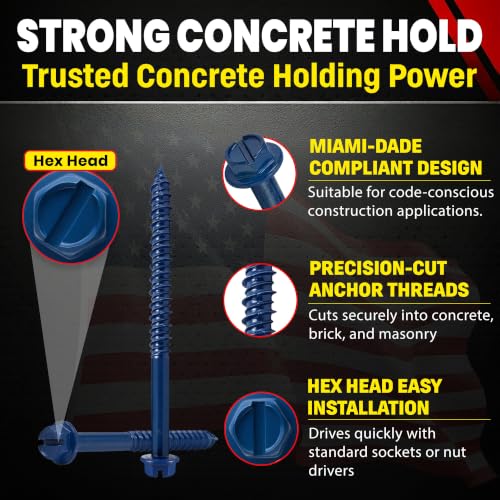 Hex Head Concrete Screw Anchor (1/4 x 3-1/4") 100 Pieces with Drill Bit (Miami-Dade Compliant) Chenango Supply