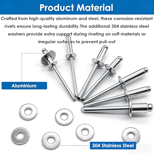 smseace 1500Pcs Pop Rivets with 304 Stainless Steel Washers Assortment Kit Packed in Handheld Box 14-Sizes (3/32" 1/8" 5/32" 3/16"1/4") Assorted Blind Rivets for Metal,Furniture,Automotive,Instrument Silver Aluminum 1500pcs 14-Sizes