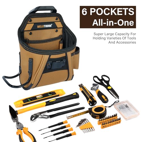 MELOTOUGH Electrican Tool Pouch Belt Clip Nail Work Pouch Tool Belt Pouches Utility Tool Organizer Pouch with Hammer Holder + Carpenter Tool Pouch with 10 Pockets,Electrician Tool Pouch