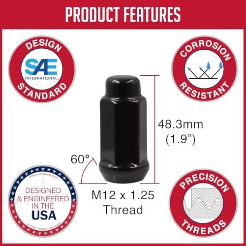 Wheel Accessories Parts 24 Pcs M12 x 1.25 12 x 1.25 Thread Bulge Acorn 1.90" Long Lug Nuts Black Chrome 3/4" 19mm Hex Fits Nissan Titan (Non XD) 24 Pack Nissan Titan (Non XD)