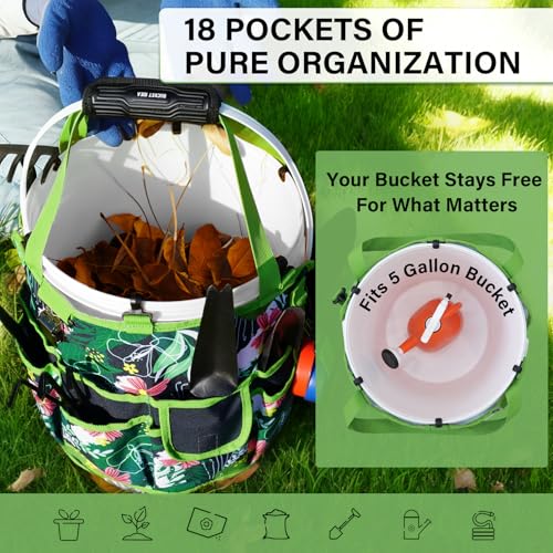 KUNN Garden Tool Waist Belt - 4 Deep Pockets Tool Apron for Women Men,Utility Pouch + Bucket Tool Organizer 5 Gallon 18-Pocket Gardening Tool Bag with Hangable Handle
