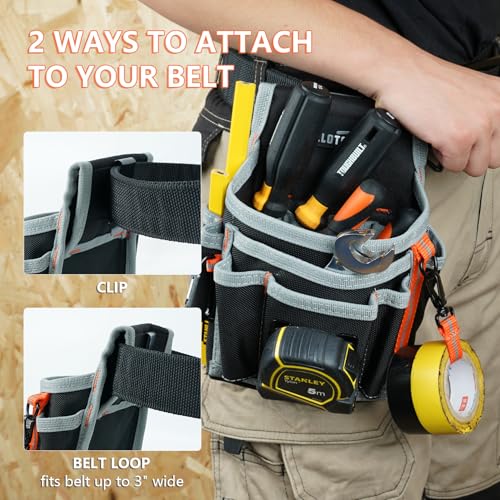 MELOTOUGH Electrician Tool Pouch Lightweight Belt Organizer with Tape Holder & Speed Square Slot for Wiring + Electrician Tool Pouch with Belt Clip, 2 Inch Heavy Duty Work Belt Set for Men