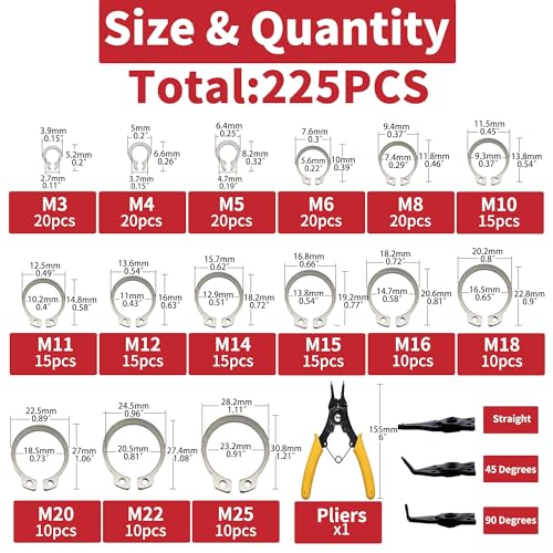 225-Piece 304 Stainless Steel External C-Clip Set+ Snap Ring Pliers),455-Piece Carbon Steel External C-Clip Set,15 Sizes(M3 - M25)
