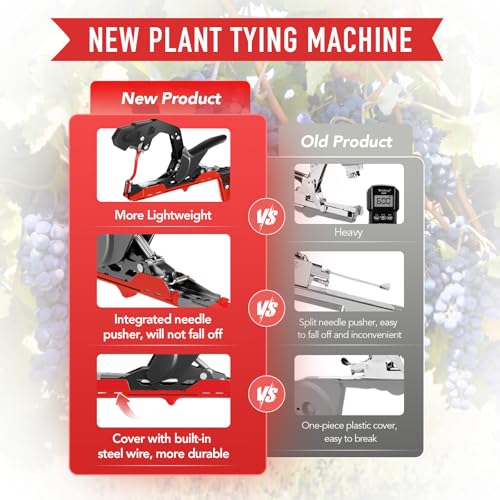 Grade Plant Tying Machine, Upgraded Tape Gun with 20 Tape Rolls & 10,000 Staples, Fast Vine Support Tool for Greenhouse/Vineyard/Farm, Lightweight Plant Tie Tapener Gun with Blades & Gloves (Red) Red