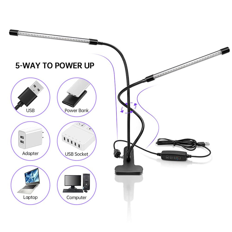 inShareplus LED UV Light Dual Head with USB, 395nm-405nm Dimmable UV Light with Clip, Glow in The Dark, 20W Black Lamp for Party, Stage, Glue Curing Resin Paint, Collection, Aquarium Long Two head