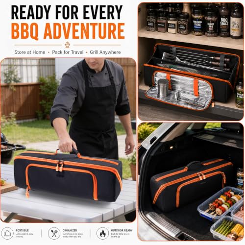 22" Grill Tool Storage Bag, BBQ Utensil Organizer for Blackstone Griddle Black/Orange 22" - Style B
