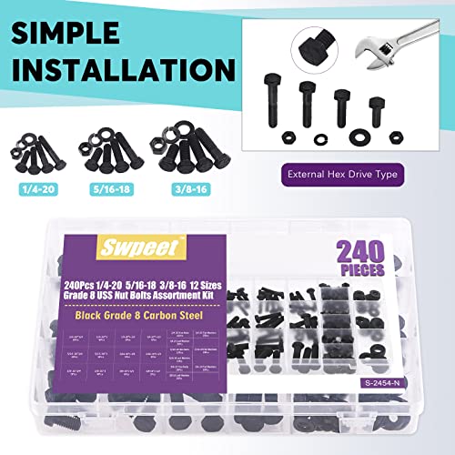 Swpeet 240Pcs 1/4-20 5/16-18 3/8-16 12 Sizes Black Zinc Finish Carbon Steel Grade 8 USS Nut Bolts Assortment Kit, Heavy Duty Bolt Nut and Washer Assortment Coarse Thread Hex Head Cap Screws Bolt