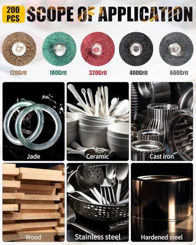 Rocaris 200 Pcs Abrasive Buffing Wheels, 1 inch Abrasive Buffing Polishing Wheels Burr for Rotary Tools-1/8(3mm) Shank, 120Grit, 180Grit, 320Grit, 400Grit, 600Grit
