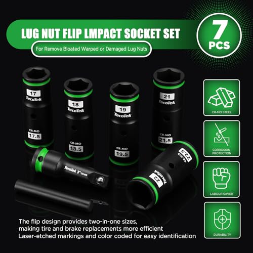 TecoTek 7PCS Lug Nut Socket Set, 1/2” Impact Thin Wall Flip Socket, Half Size Wheel Socket Set, Metric, 6 Point, 3" Extension Bar & Knockout Bar, 17.5mm, 18.5mm, 19.5mm, 21.5mm, and 22.5mm Half Size Metric