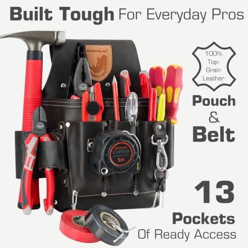 STRONGLAD Electricians Tool Belt - 13-Pocket Smooth Top-Grain Leather Pouch, Adjustable 29-46 in Fit, Heavy Duty Utility Belt for Electrical Work, Jobsite Tool Organizer Electrician's Tool Pouch
