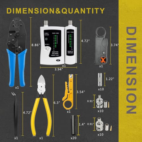 Coax cable crimper kit,BNC Crimping tool for RG58, RG59, RG62,10PCS RG58&RG59 BNC Male Crimp Connectors,10PCS BNC Female to Female Connectors,Cable Stripper, Heat Shrink Tube Coaxial Tester