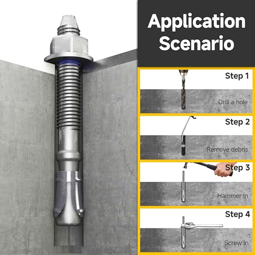 Mywish 1/2 x 6 Inch Wedge Anchors, 5Pcs 304 Stainless Steel Industrial 1/2 Heavy Duty Industrial Masonry Wdege Anchor Bolts for Brick Cement and Concrete, Bright Finish 1/2 x 6"
