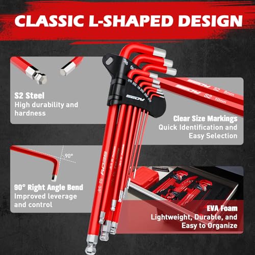 SEDY 30-Piece Long Arm Ball End L-Hex & Torx Key Set with Grip Handle, Ultimate Hex Key Wrench Set with T-Handle and Extension Bars, SAE 1/16" to 3/8", Metric 1.5mm to 10mm, Torx T10 to T50 30-Piece Set (with T-Handle)